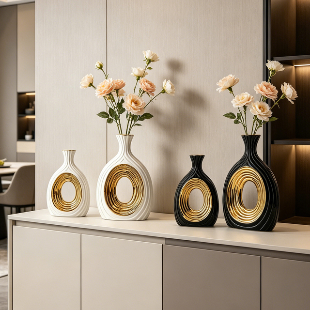 Modern Minimalist Creative Ceramic Circle Vase Gold Home Room Living Room Dining Table Desktop Decoration Accessories Home Decor