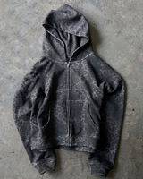 Ensemble Survêtement Personnalisé Guépard Imprimé Léopard Lavage à l'Acide Zip up Distressed Vintage Oversized Flare Pantalon de Survêtement et Sweat à Capuche