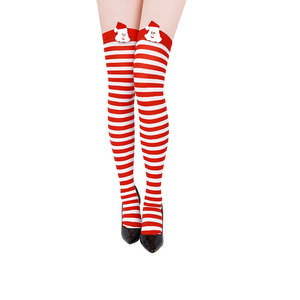 Bas de Noël montants jusqu'aux cuisses, rayés rouge et vert avec nœud et pompon, cadeau pour femme - Product Image 3