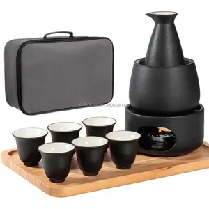 陶瓷清酒套装，带暖锅竹盘传统日本陶器热Saki套装，包括1个清酒壶、6个清酒杯