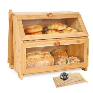 Toptan özel çevre dostu bambu ekmek kutusu mutfak ve ekmek için 2 katmanlar gıda ekmek depolama temizle pencere kapağı ile