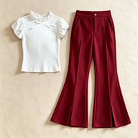 Ensemble deux pièces personnalisé pour filles : haut côtelé à manches courtes avec nœud et volants, et pantalon évasé taille haute – Idéal pour le printemps, l'été, les fêtes et l'école
