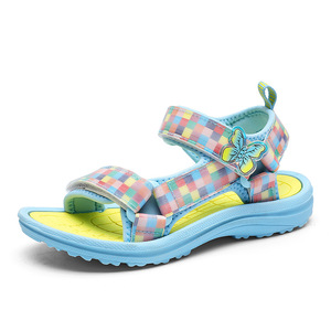 Sandales d'été décontractées pour filles, personnalisées, en gros, à carreaux roses, avec velcro, décor papillon, semelle souple antidérapante, pour la plage - Product Image 5