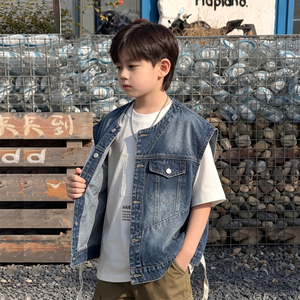 Gilet en jean de coton pour garçons, nouvelle collection automne 2026, style décontracté, <span class=keywords><strong>sans</strong></span> manches, court, tendance coréenne, fermeture boutonnée - Product Image 3