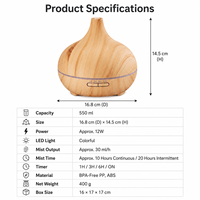 Diffuseur d'huiles essentielles ultrasonique 550 ml en bois, humidificateur d'aromathérapie, LED 7 couleurs, arrêt automatique, 3 minuteurs, brume froide