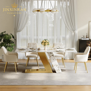 Tavolo da Pranzo Rettangolare Personalizzato con Piano in Marmo Bianco Pandora, Base a V Intrecciata in <span class=keywords><strong>Acciaio</strong></span> <span class=keywords><strong>Inox</strong></span> Dorato a Specchio, Arredamento per Casa e Ristorante - Product Image 2