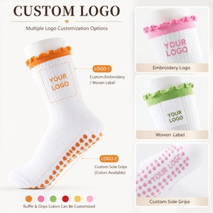 Chaussettes de yoga et de Pilates pour femmes, antidérapantes, respirantes, en coton, avec bordure à volants et broderie cerise, pour la barre - Product Image 2