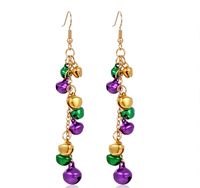 Boucles d'oreilles Mardi Gras, boucles d'oreilles pendantes de carnaval, violettes, vertes, jaunes, à clochettes, perlées, bijoux de fête et de festival pour femmes