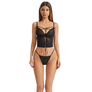 Ensemble de lingerie sexy noir pour femme, comprenant un <span class=keywords><strong>bustier</strong></span> push-up à nœud personnalisé avec logo Lulu et une culotte string – Vente en gros - Product Image 2