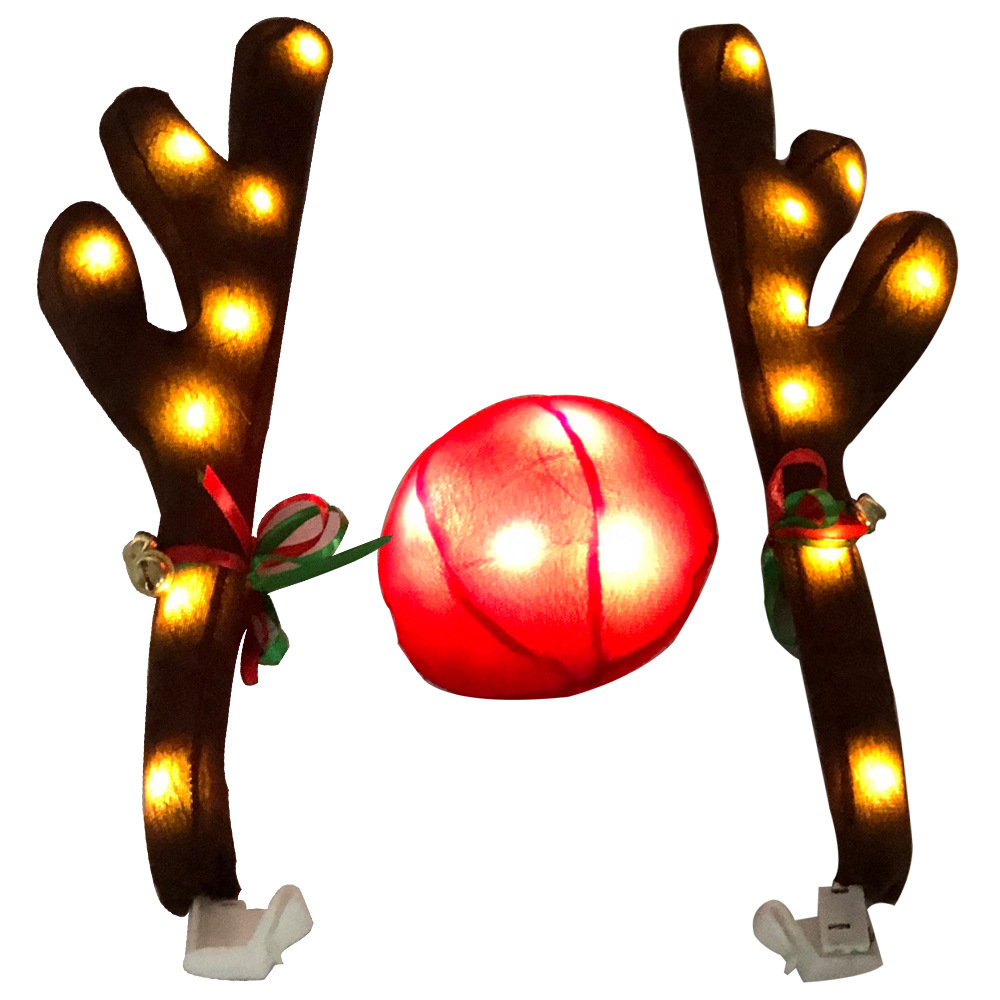 Natal LED Light Rena Decoração Carro Veículo Nariz Chifre Costume Set Rudolph Rena Antlers Red Nose Elk Antler Iluminação