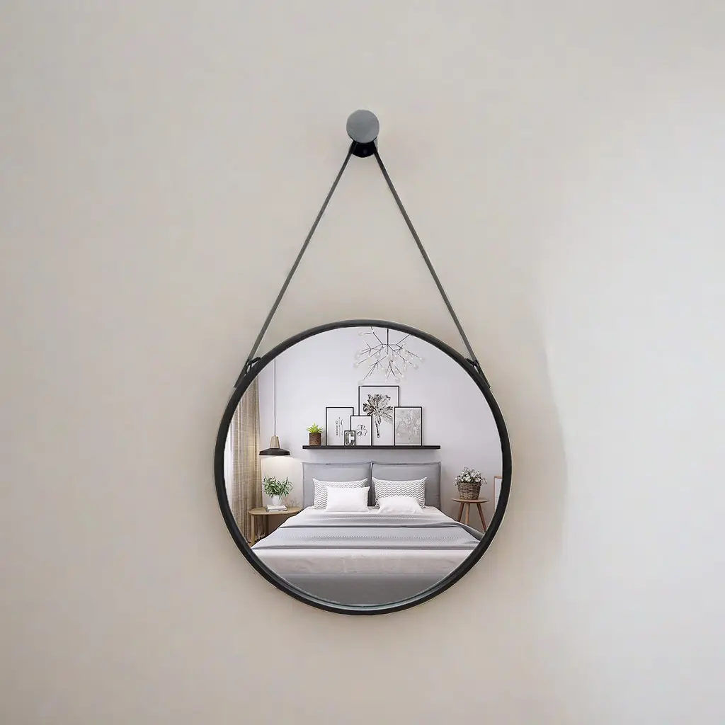 Toptan ev dekor banyo lüks büyük daire siyah yuvarlak şekil Metal çerçeve cam asılı duvar aynası miroir espejo