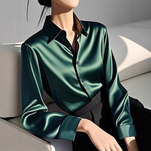 Nouvelle Blouse Femme Chic et Tendance Printemps 2025 en Polyester Sergé <span class=keywords><strong>Vert</strong></span> Foncé, Coupe Ample, Manches Longues, Lavable, Idéale pour le Bureau - Product Image 2