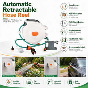 Automatic Shrink Pvc Hose Reel Wall <b>Mount</b> Abs Plastic Garden Water and Car Wash with 8 Modes Water <b>Spray</b> Nozzle - Product Image 1