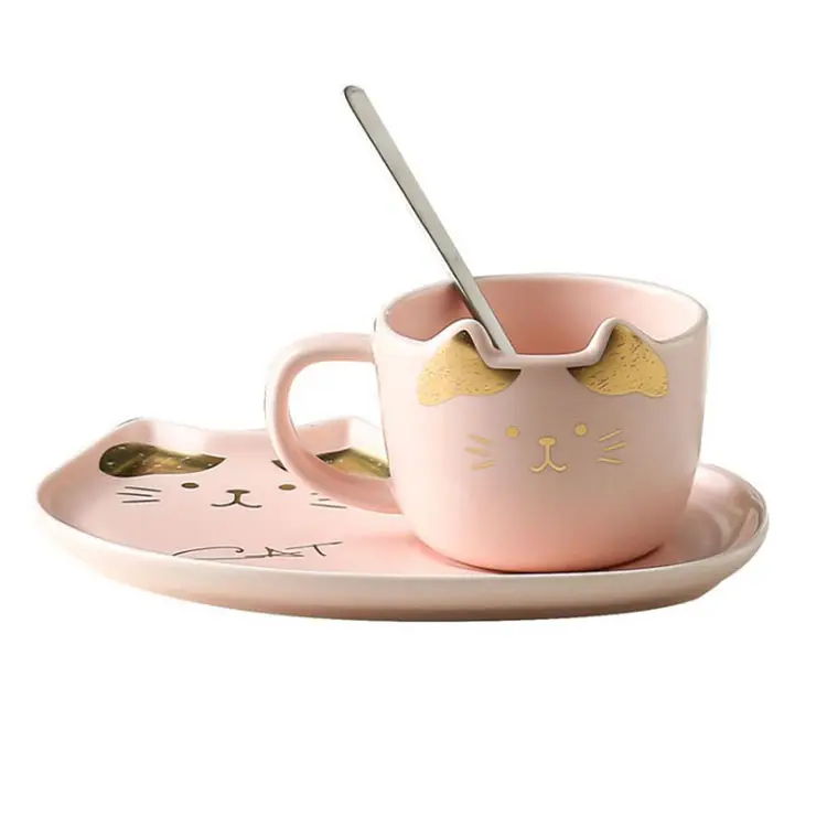 Mais novo Elegante Preto branco rosa gato de cerâmica caneca de chá de porcelana xícara de café e pires com colher