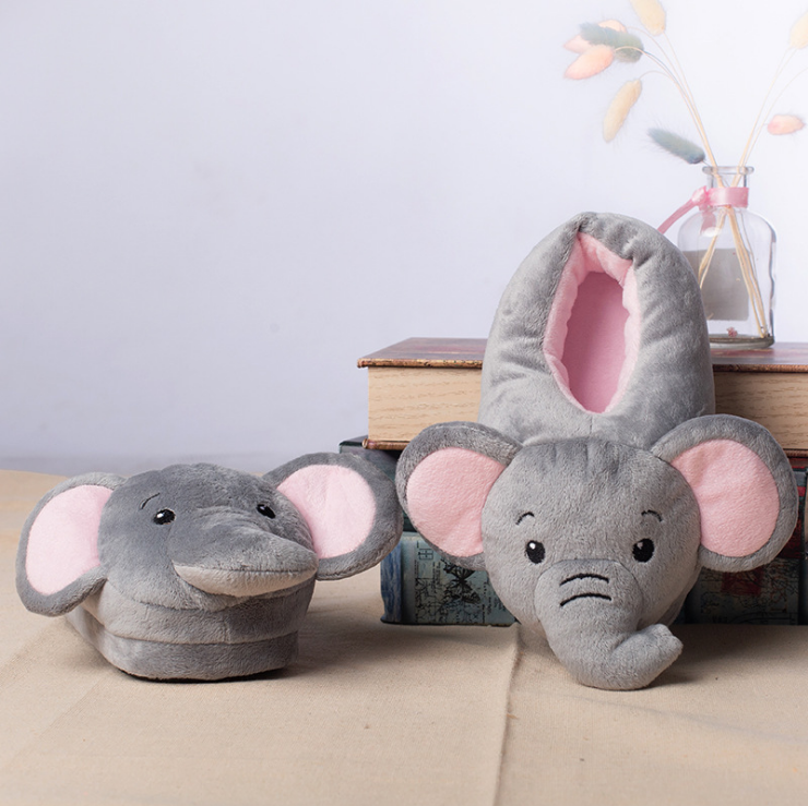 Pantoufles de dessin animé en forme d'éléphant pour enfant adulte hiver maison intérieur extérieur pantoufles semelle TPR pantoufles en peluche