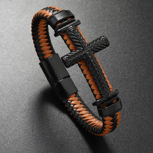 Hot-Selling Bohemian Retro Style Men's Woven Bangles High Quality Real <b>Leather</b> Cross Design Jewelry for Gift - Product Image 2
