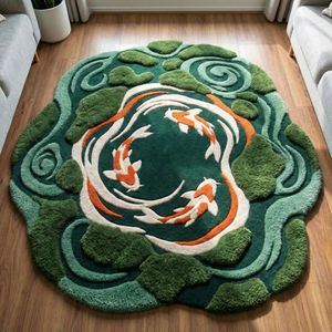 Moss Green Koi Pond Wool <b>Rug</b> Featuring Organic Irregular Edges and Hand Tufted Fish Design for Bedroom <b>Nursery</b> Kids Room Bulk - Product Image 6