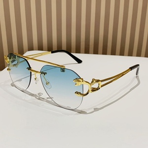 Occhiali da Sole Retro 2025 Senza Montatura Taglio a Diamante Doppio Ponte Aste Leopardate Lenti in Policarbonato - Product Image 1
