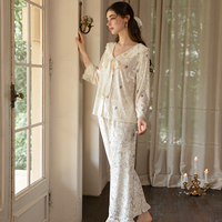 Ensemble pyjama SADI 7676 respirant à manches trois-quarts, col Peter Pan à lacets, imprimé dentelle velours, haut et pantalon, pour la maison
