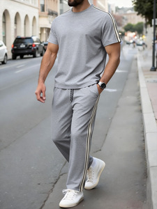 Nouvel ensemble décontracté et élégant 2 pièces pour <span class=keywords><strong>homme</strong></span>, style sportif, rayé, avec pantalon et t-shirt à manches courtes, en polyester/spandex, respectueux de l'environnement - Product Image 4