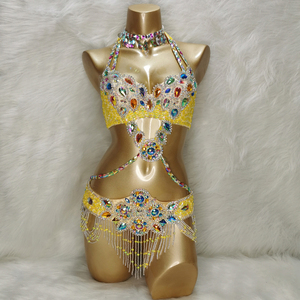 Kadın gogo şarkıcı bikini gösterisi kostüm bayanlar boncuklu kristal göbek dans kostümü giymek Bar + kemer kolye 3 adet Set seksi Bellydancing - Product Image 6