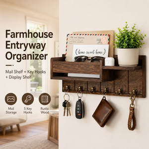 Rustic Solid Wood Wall Key <strong>Rack</strong> 5 Hooks Double Tier <strong>Shelf</strong> Living Room Organizer Hidden Mounting OEM Logo - Product Image 3