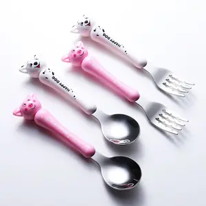 Bambini in acciaio inox posate set con la scatola di imballaggio cucchiaio e forchetta con animale manico in plastica