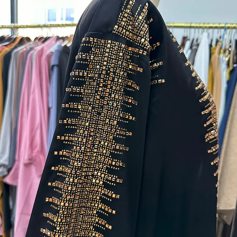 Midden-Oosten Islamitische Kleding Custom Luxe Zwarte Kaftan Abaya Jurk Set Dubai Versierde Stenen Kralen Abaya
