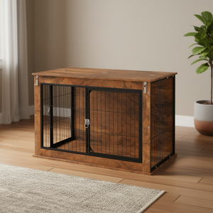 Cage pour chien en bois massif brun rustique, 39 pouces, avec couvercle rabattable, 2 portes, niche pour chiens de grande taille, maison pour animaux de compagnie d'intérieur - Product Image 2