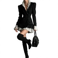 Nouvelle Robe Blazer Élégante Femme Printemps/Été 2026 en Laine/Soie, Col Cranté, Double Boutonnage, Style Commuter, Patchwork Color-Block