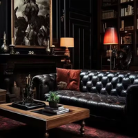 Mobilier de salon industriel vintage Bistro Shisha Cigar Bar Ensemble de canapés Chesterfield 2 places en cuir noir pour restaurant club