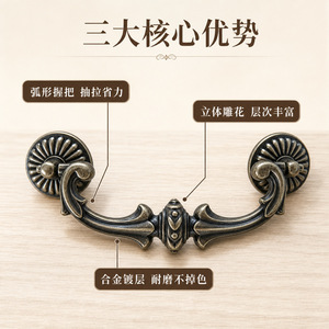 Poignée de porte et de tiroir en fonte noire traditionnelle, design orné, finition lisse pour armoire - Product Image 6