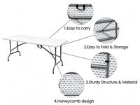 Table pliante moderne en plastique HDPE de 1,80 m, facile à nettoyer, semi-blanche, pour fêtes et événements en extérieur, design pliable