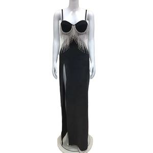 Feishiluo nouvelle <span class=keywords><strong>robe</strong></span> de soirée <span class=keywords><strong>noire</strong></span> Sexy fendue princesse <span class=keywords><strong>longue</strong></span> <span class=keywords><strong>robe</strong></span> avec mince Spaghetti sangle gland perlé décoration pour la fête - Product Image 1