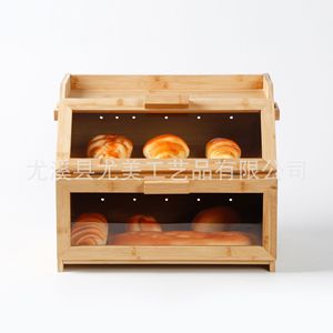 Cross-border wooden cake <b>box</b>/bread storage <b>box</b>, bamboo bread <b>box</b> with transparent <b>glass</b>, double-layer kitchen storage <b>box</b> - Product Image 1
