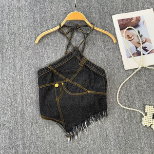 Chemise pour <span class=keywords><strong>fille</strong></span>, mode été 2026, haut court en denim noir et bleu à franges pour enfants de 3 à 15 <span class=keywords><strong>ans</strong></span> - Product Image 4