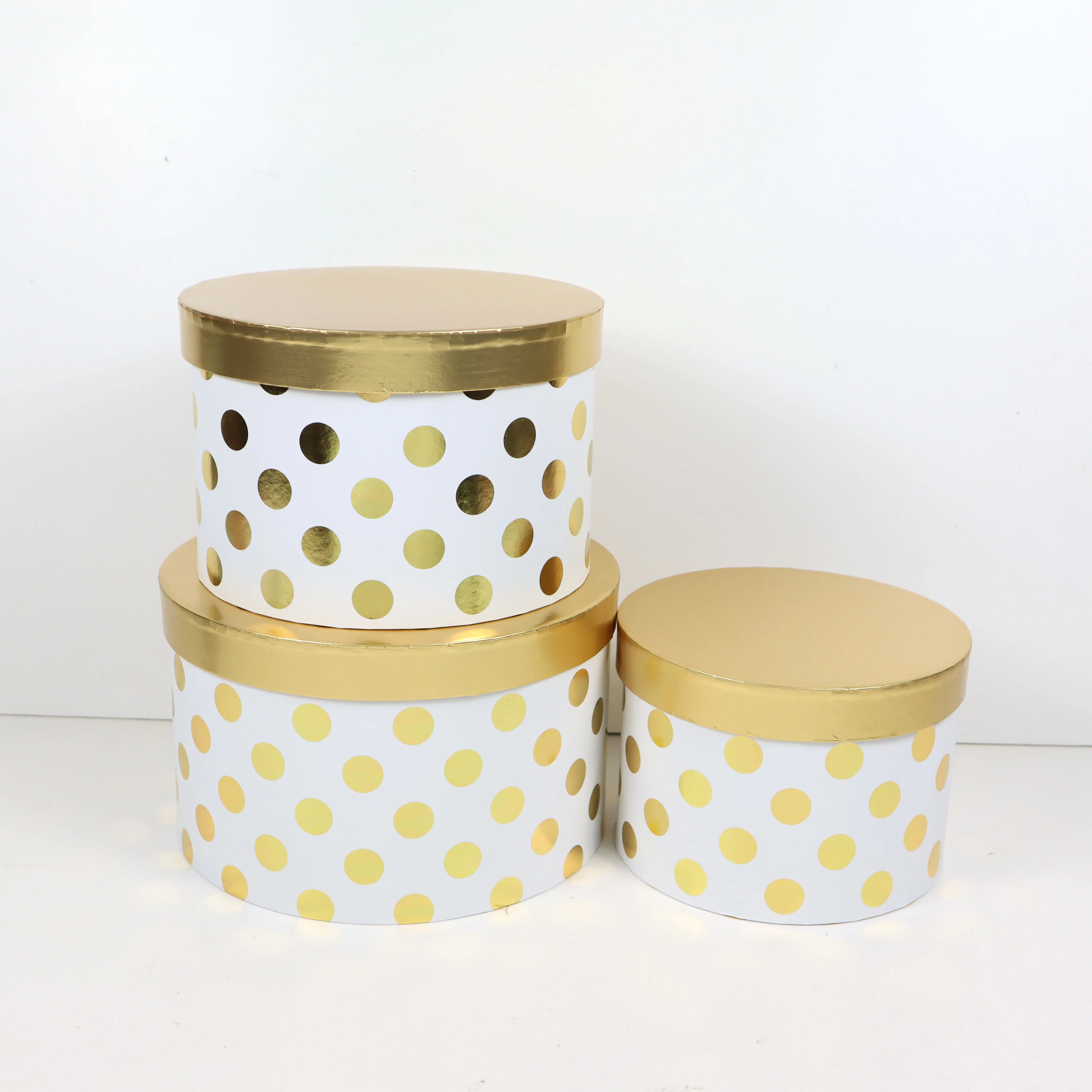 Custom Round Set Of 3 Gold Polka Dot Packaging Box Gifts Holiday Supplies Flower Box Paper Products Manufacturers Shipping
