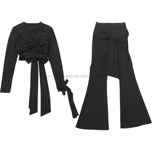 Women's 2 Piece <b>Set</b> Long Sleeve Cutout Crop Top & High Waist Flare Pants With <b>Tie</b> Detail Fashion - Product Image 6