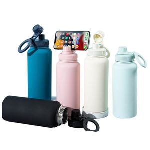 Bouteille d'eau isotherme en acier inoxydable à double paroi avec poignée sport et support téléphone, personnalisable avec logo, 18oz et 32oz - Product Image 1