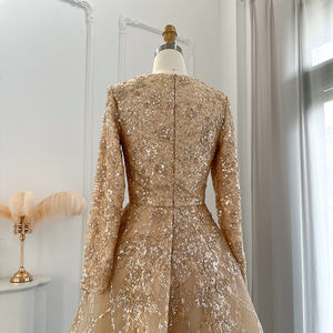 فستان سهرة LSCZ81 برقبة دائرية وأكمام طويلة، تصميم A-Line من الأورجانزا مع طيات وترتر ونقوش ثلاثية الأبعاد، طول للركبة وخصر طبيعي، فستان حفلات للنساء - Product Image 5