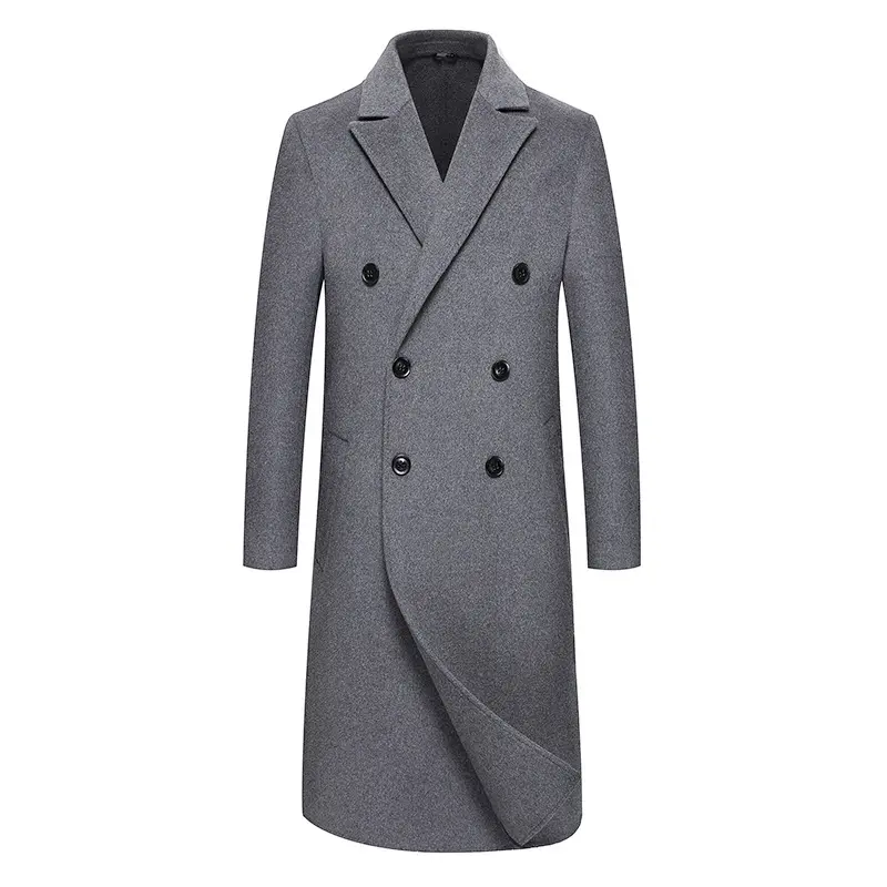 Tweed fabric double breasted gray blazer for men long winter coat men's trench coat in winter
