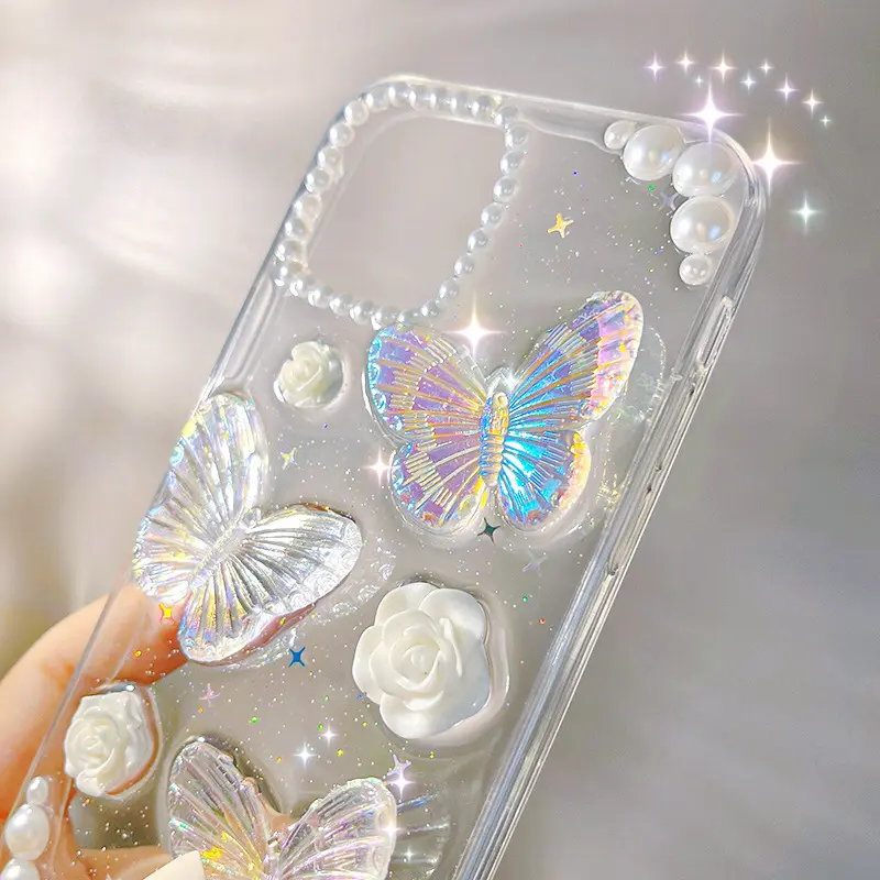 Coque de téléphone pour iPhone 14 15 13 12 11 Pro Max française rétro luxe 3D perle rose papillon colle transparente protection dames