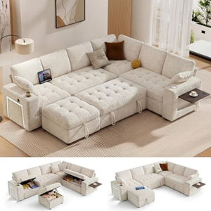 Canapé modulaire sectionnel avec lit escamotable, 7 places, en chenille, en forme de L, avec ottoman de rangement, porte-gobelets USB, table d'appoint - Product Image 1