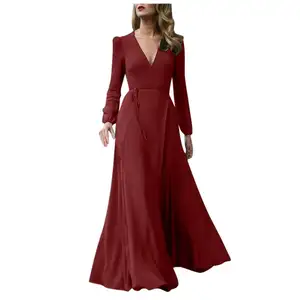 Kadın giyim zarif vintage uzun kollu düz renk v yaka dantel-up seksi yarık uzun elbise