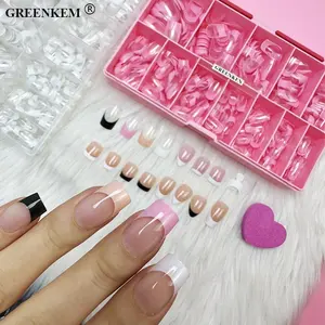 600Pcs Màu Hồng Rõ Ràng Hộp Gel X Lời Khuyên Đầy Đủ Bìa Vuông Hạnh Nhân Thiết Kế Nhân Tạo Giả Móng Tay Mẹo Màu Đen Trắng Pháp Tip Móng Tay