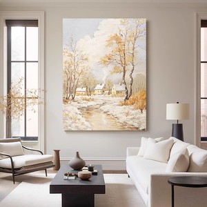 Pintura al óleo de sol cálido y primera nieve, 120x160cm, estilo impresionista, pintado a mano, arte moderno para pared de sala de estar - Product Image 1