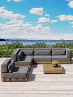 Ensemble de canapés d'extérieur en teck nordique, canapé d'angle, fauteuil, table basse, coussins épais - résistant aux intempéries pour hôtel, villa, jardins