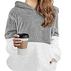 Sudadera con capucha de sherpa para mujer, suave y afelpada, con bloques de color, de manga larga, cómoda para el invierno, ropa de estar por casa, informal - Product Image 1
