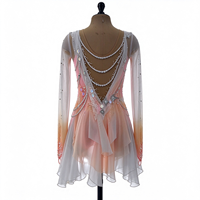 Robe de patinage et de danse dégradé rose et blanc, manches longues en maille, dos orné de strass et de chaînes, pour enfants et adultes, compétition et performance