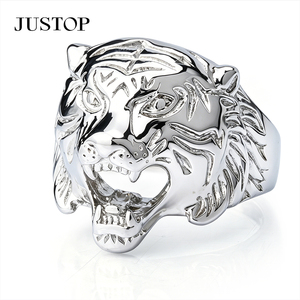 แหวนค็อกเทลรูปหัวเสือสแตนเลสชุบเงินสำหรับผู้ชาย แบรนด์ JUSTOP สไตล์ฮิปฮอป เครื่องประดับแฟชั่น ของขวัญ - Product Image 1